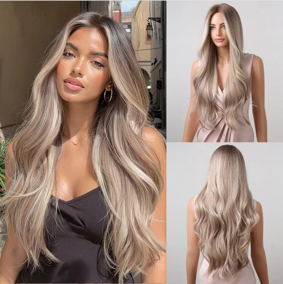 Platinum Blonde with White Highlight Dark Roots Synthetic Hair Wigs for Women Long Wavy Cosplay Daily Party Use Heat Resistant