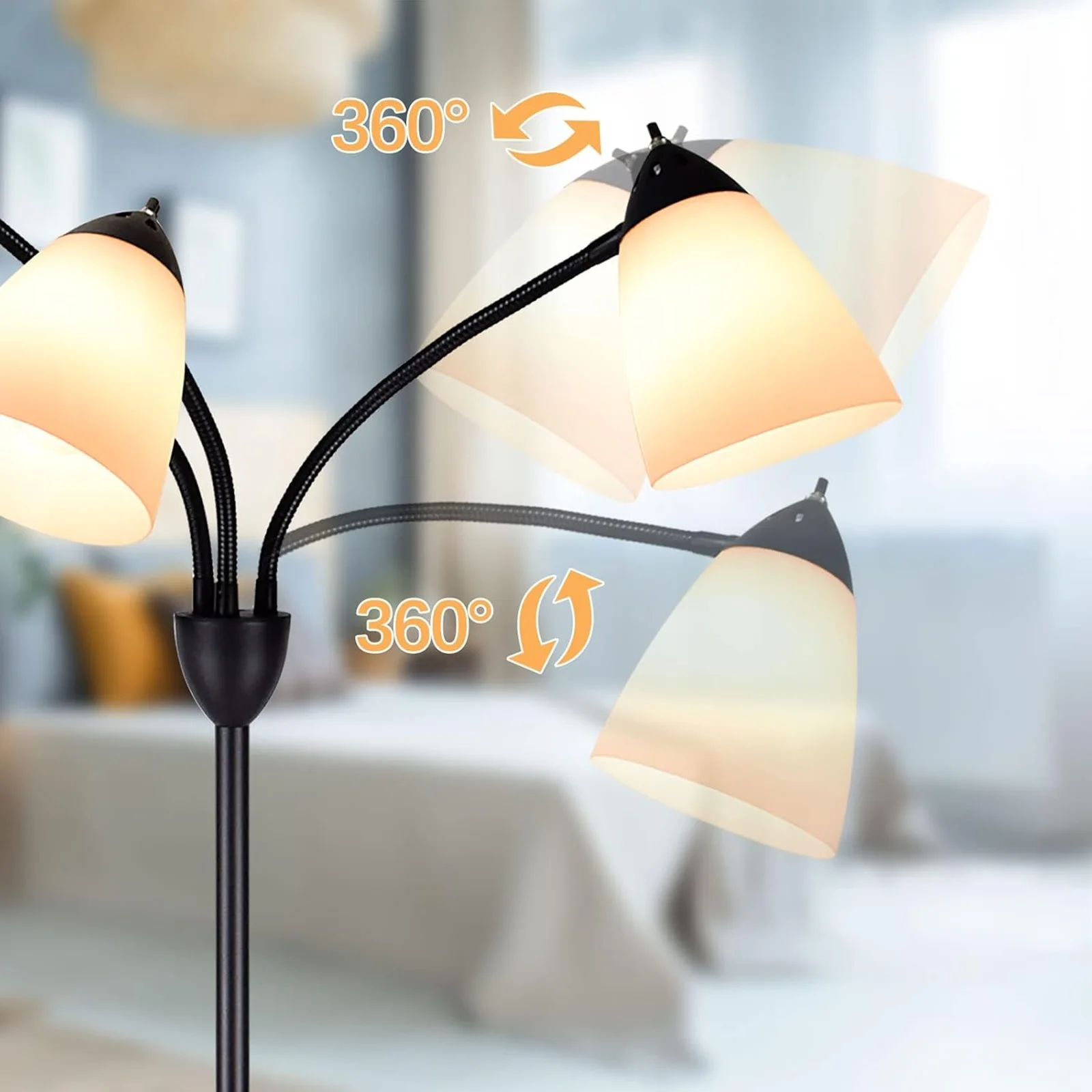 Lámpara de pie moderna para lectura, lámpara de pie negra de 3 luces con lámpara de lectura, lámpara de pie ajustable y flexible para dormitorio, sala de estudio, oficina, luces de lectura modernas de ...
