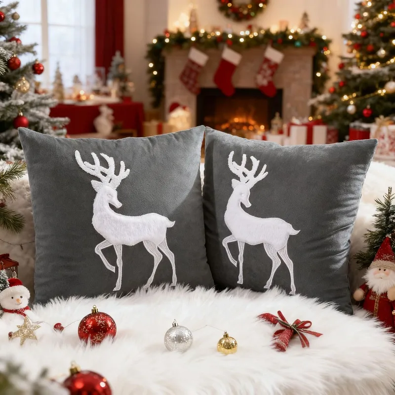 Christmas Plush Pillowcase White Deer Embroidered Pillow Cover Dustproof Concealed Zipper Living Room Christmas Decorations