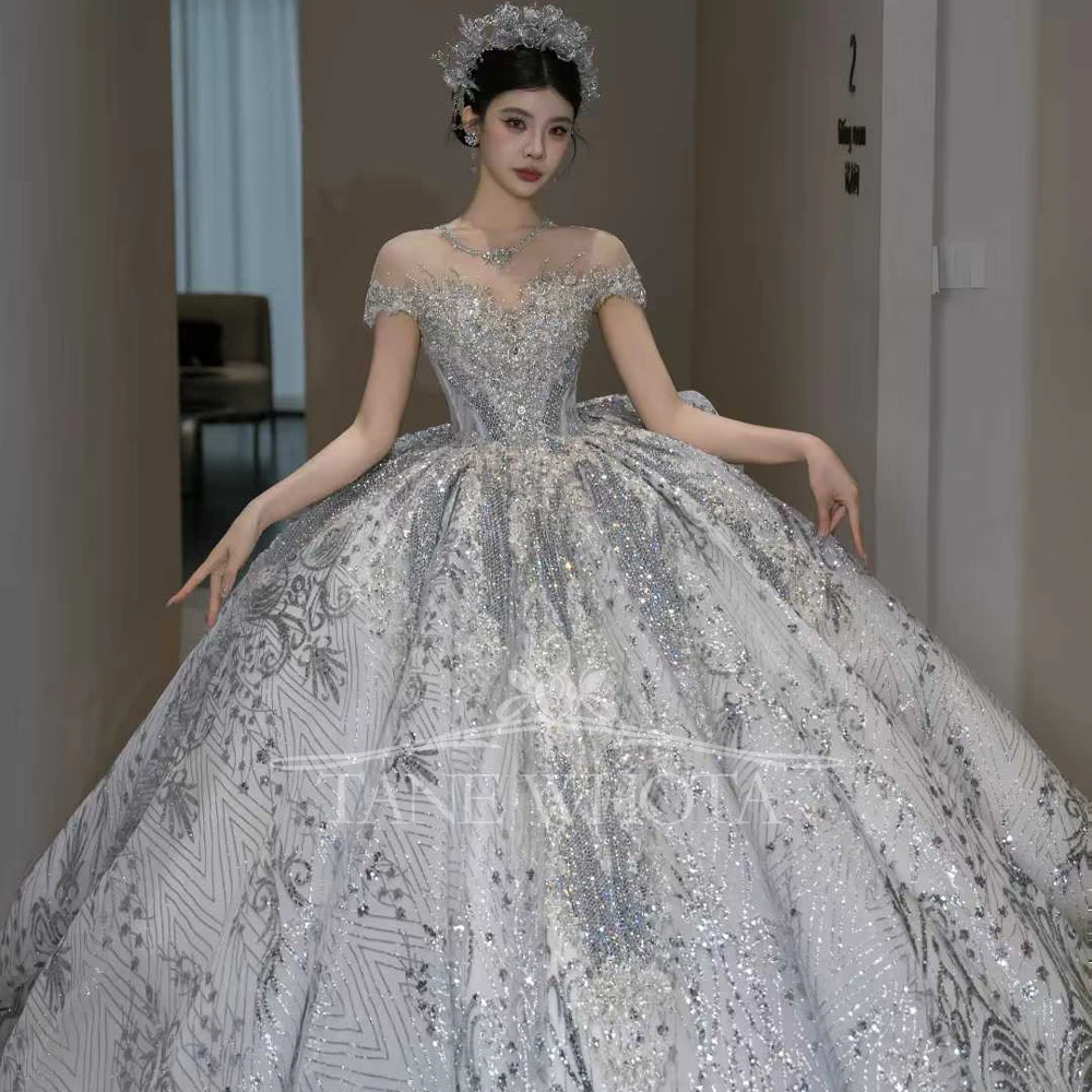 Vestidos Noivas O-Neck Short Sleeve Beading Embroidery Sequined 2025 High Quality Luxury Wedding Dress Customized