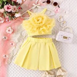 MiniFox 2pcs Summer Elegant Sets For Girls Kids Clothes 2024 Party Big Flower Camisole Top+Shorts Children's Girls Outfit Sets