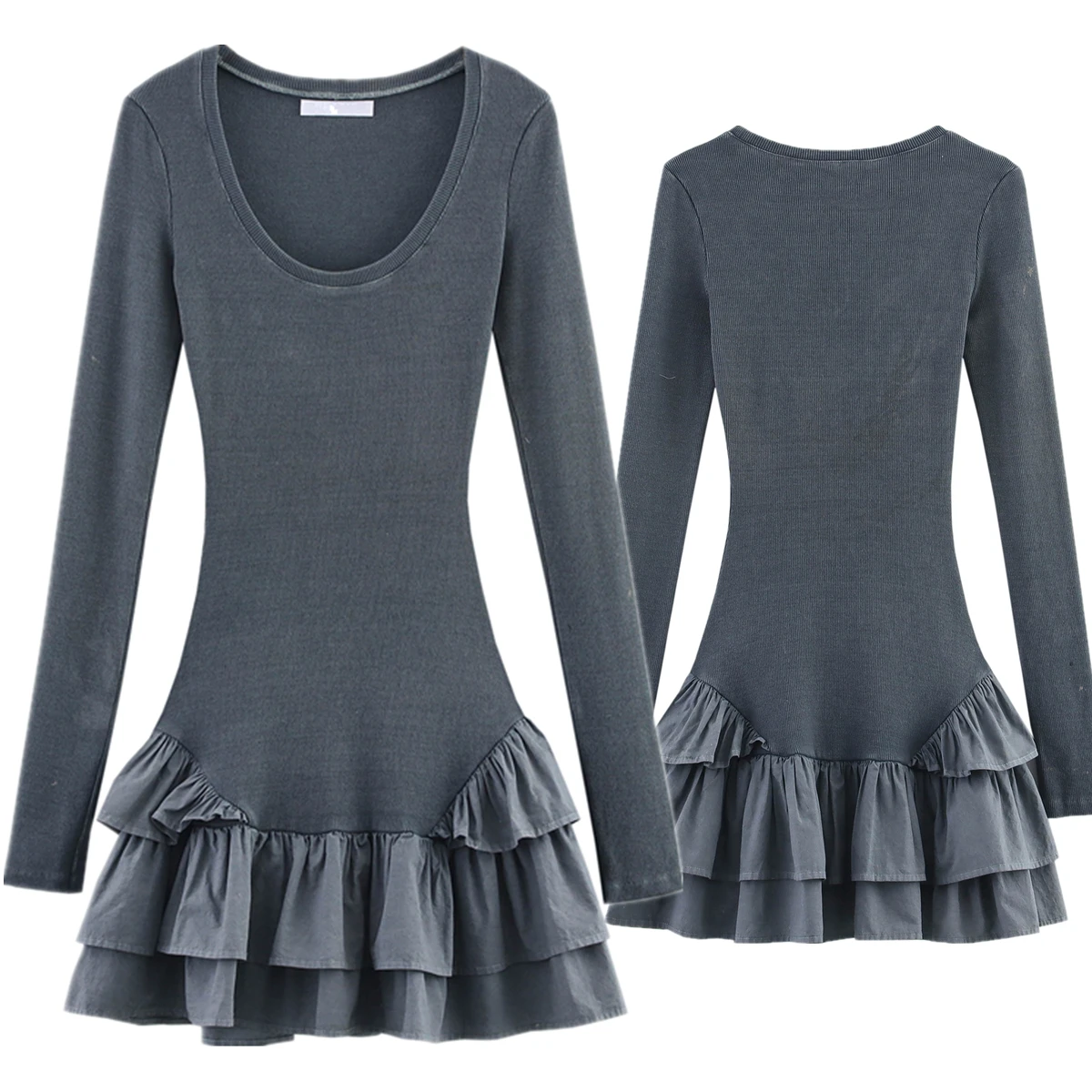 

Dave&Di 2025 Summer Dresses Minimalist Grey Ribbed Dress With Retro Ruffle Edge Splicing Slim Fit Mini Dress Women
