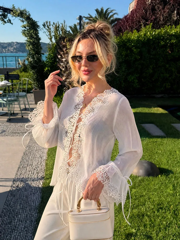 HH Women Summer Spring Ethereal Cream Lace Chiffon Blouse Tie Front V Neck Bell Sleeve Asymmetric Ruffle Hem Sheer Tunic Top
