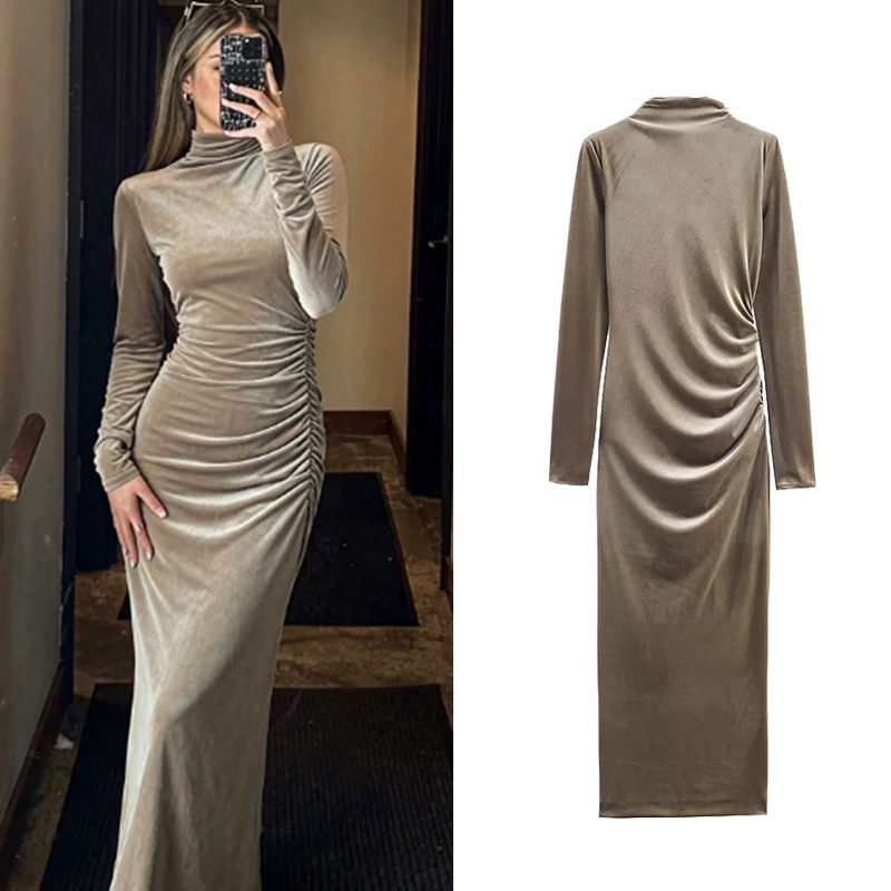 Damska seksowna długa sukienka 2025 jesień zima nowa sukienka z dekoltem typu O, długimi rękawami, marszczona, aksamitna, długa sukienka elegancka, modna sukienka wieczorowa