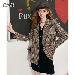 ELFSACK Checkered Brown Suit Jackets Women 2023 Summer New Casual Coats