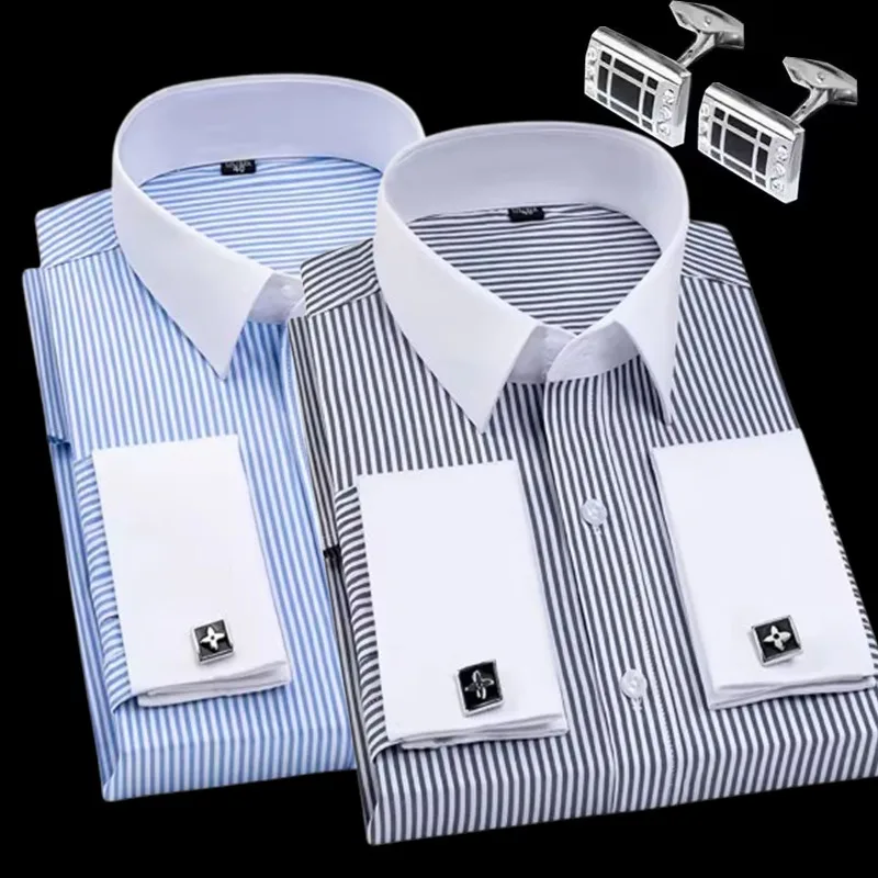 New Arrival Men's French Cuff Striped Shirt Stylish Collared Long-Sleeved Casual Shirt European Sizes Trendy Versatile Style