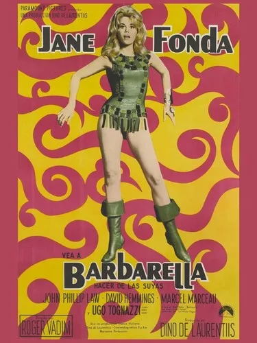 Placa de metal retro con publicidad del film de Barbarella y Jane Fonda, cartel vintage A4