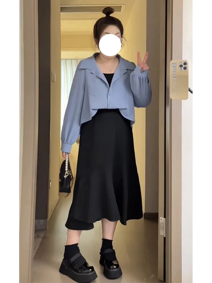 

Женская повседневная рубашка больших размеров с длинным рукавом, стройнящая, скрывающая недостатки фигуры, весенняя модная новинка, однотонная, стильная.