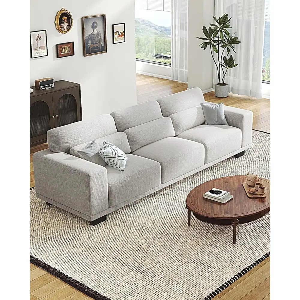 Grey 89 Deep Seated 3 Seater Sofa with Wide Armrests, Plush Cushions, Cotton-Linen Blend, Removable Washable Covers