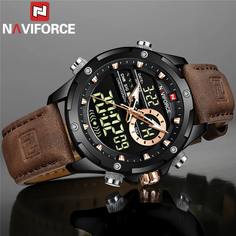 NAVIFORCE Men Watch Digital Sport Top Brand Luxury Man WristWatch Military Brown Genuine Leather Quartz Business Male Clock 9208