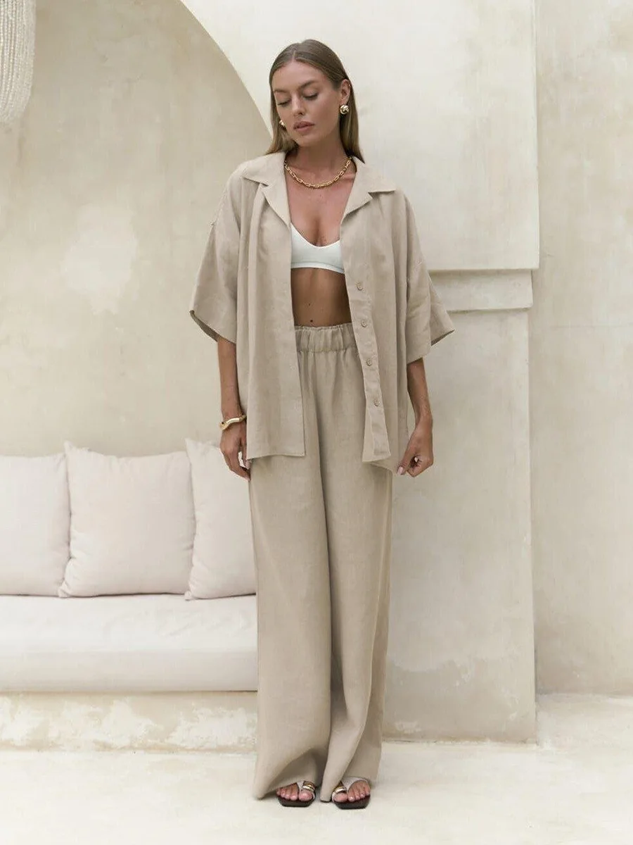 Bornladies Sommer Neu 100% Baumwolle Kurzarm-Hosen-Set Damen Lose Einfarbiges Kurzarm-Hemd Hosen Casual 2-teiliges Set – Detail 4