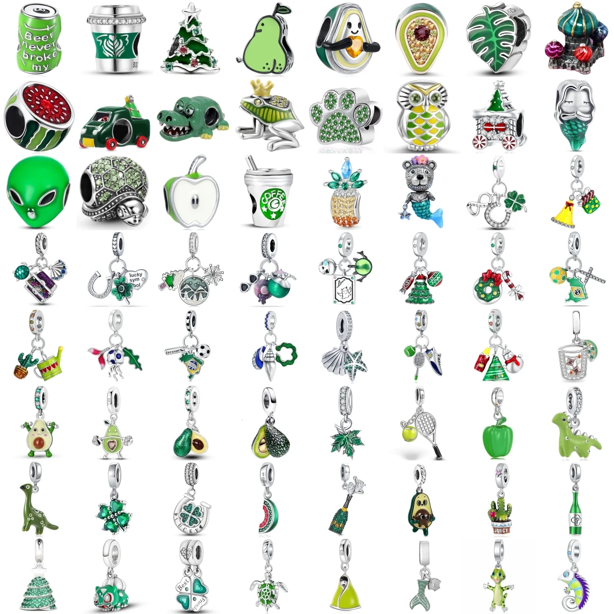 925 Sterling Silver Green Series Charms Beads Four Leaf Clover Dinosaur Avocado Christmas Tree Pendant Fit DIY Jewelry Gift