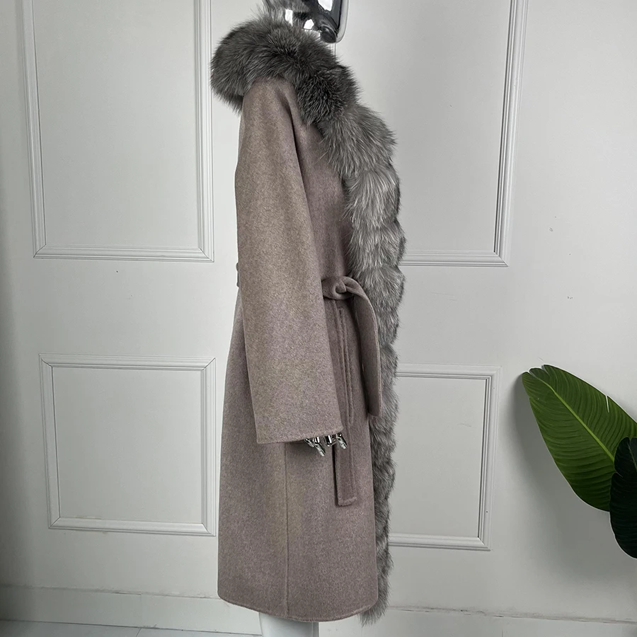 Wool Coats For Women Long Woolen Jackets With Real Sliver Fox Fur Trim Winter Warm Luxury Cashmere Coat Woman