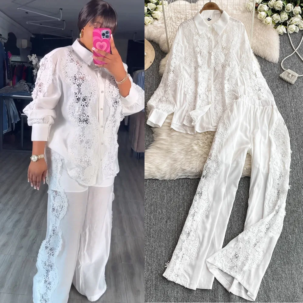 

Pant Set Women Two Piece Sets Matching Sets Y2k Streetwear Lace Floral Shirt Tops Wide Leg Long Pants Slim High Waist 2025