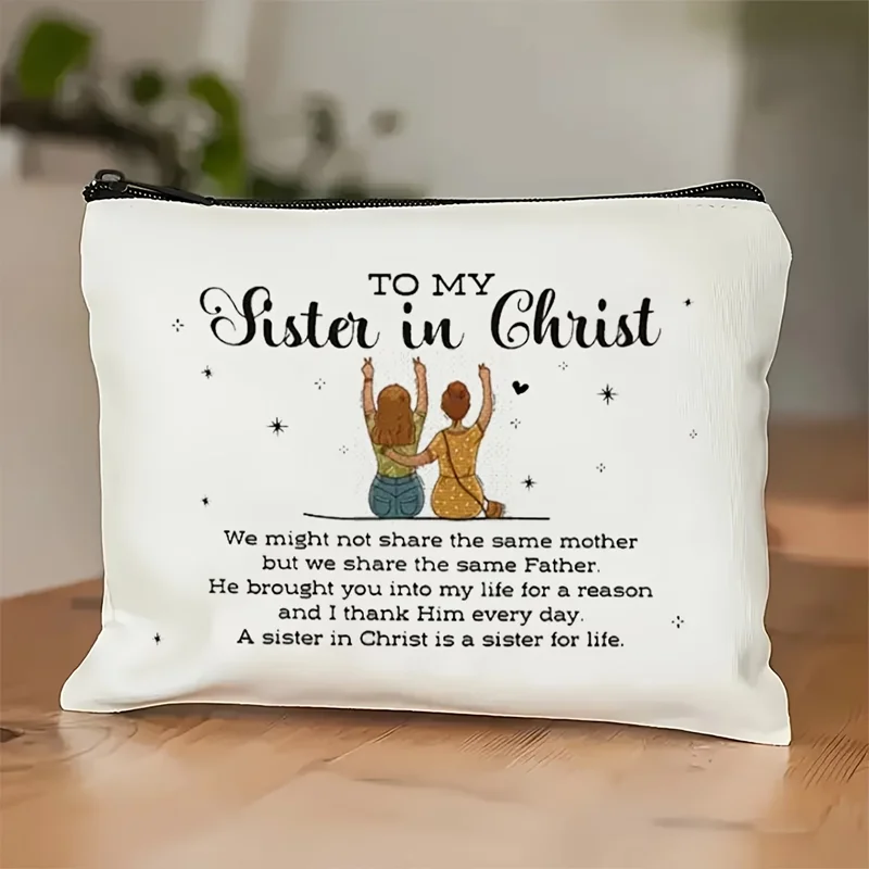 1PC Christian Sister Themed Makeup Bag Religious‑Inspired Gift Pouch With Zipper Closure Portable Cosmetic & Toiletry Storage Ba