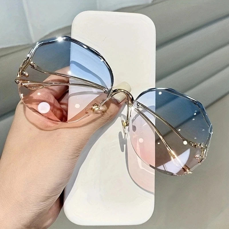 Rimless Sunglasses Polygon Fashion Popular Women Men Shades Big Frame Round Sun Glasses for Female Oculos Gradient Sunglasses