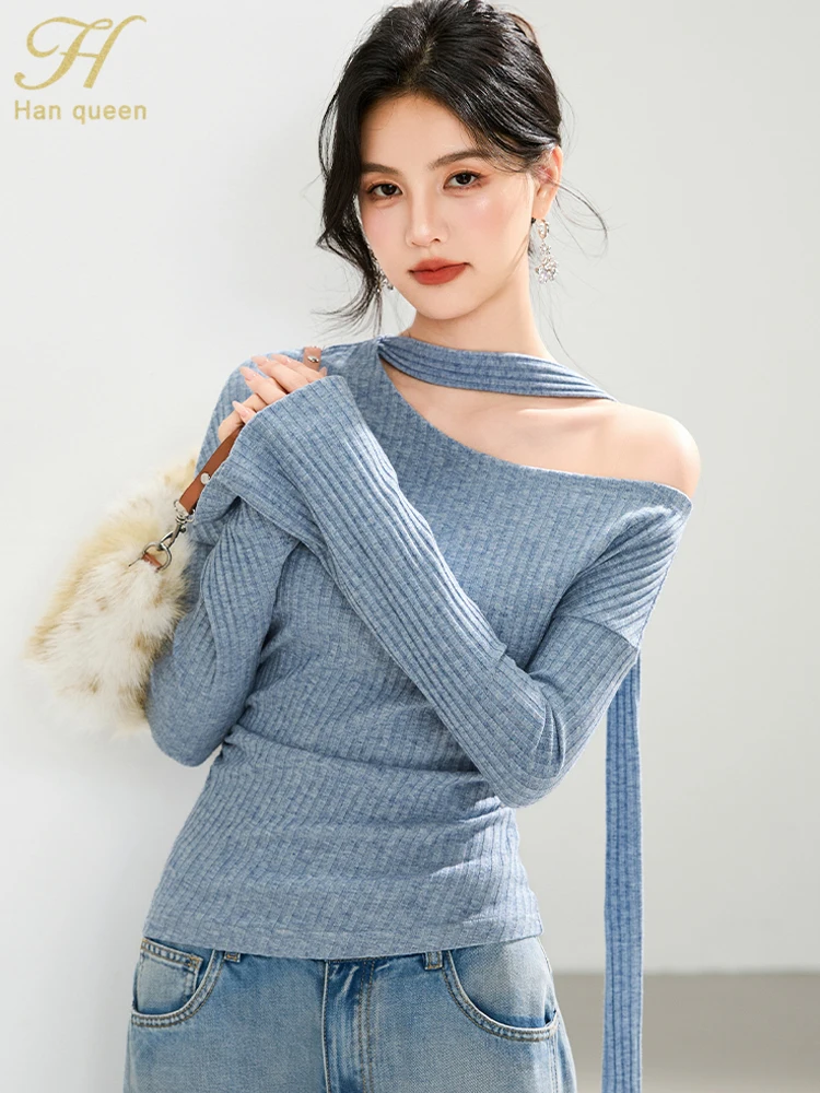 

H Han Queen, осенняя одежда, повседневный пуловер с открытыми плечами, простые шикарные джемперы, женский свитер с длинными рукавами, винтажный базовый вязаный топ