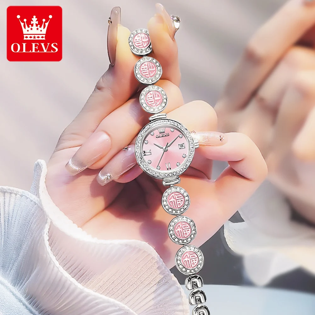 OLEVS 여성 패션 스퀘어 시계 핑크 합금 스트랩 2025 럭셔리 숙녀 석영 손목 시계 품질 여성 라인 석 시계