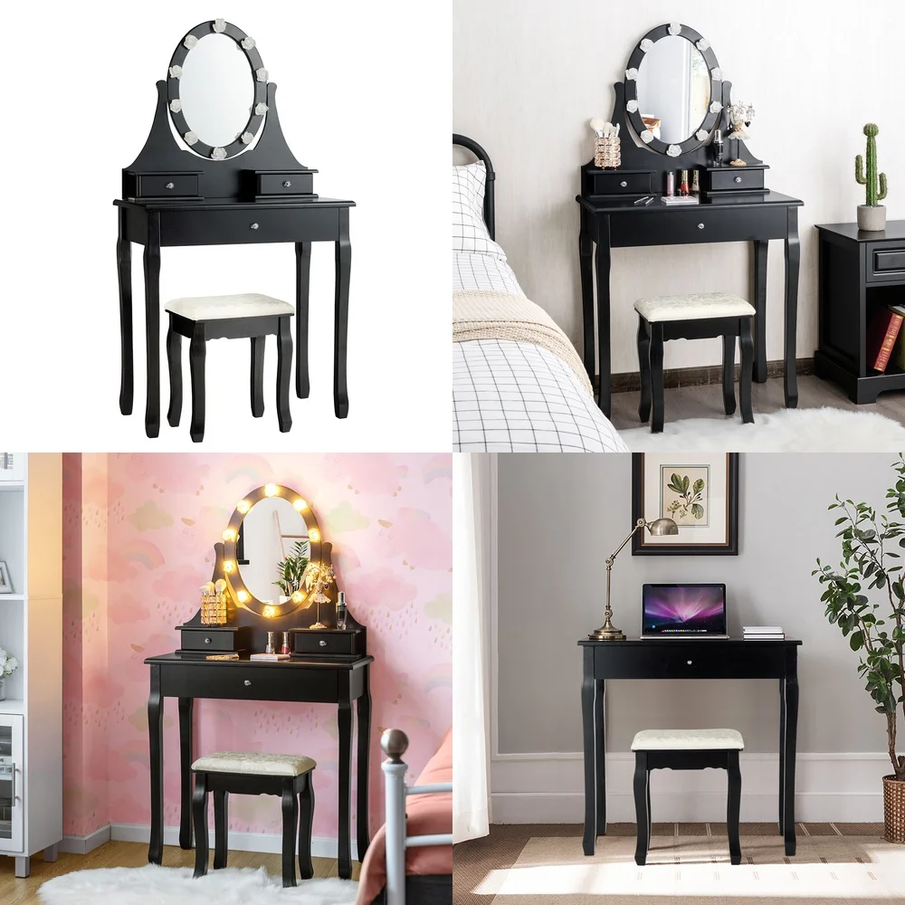 Tocador de maquillajeConjunto de tocador con espejo iluminado por LED, 3 cajones, tocador de maquillaje y taburete