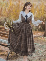 Vintage sukienka w kratę koreańska linia długa sukienka i koszula z długim rękawem koronkowa Patchwork sukienka z paskiem Vestidos