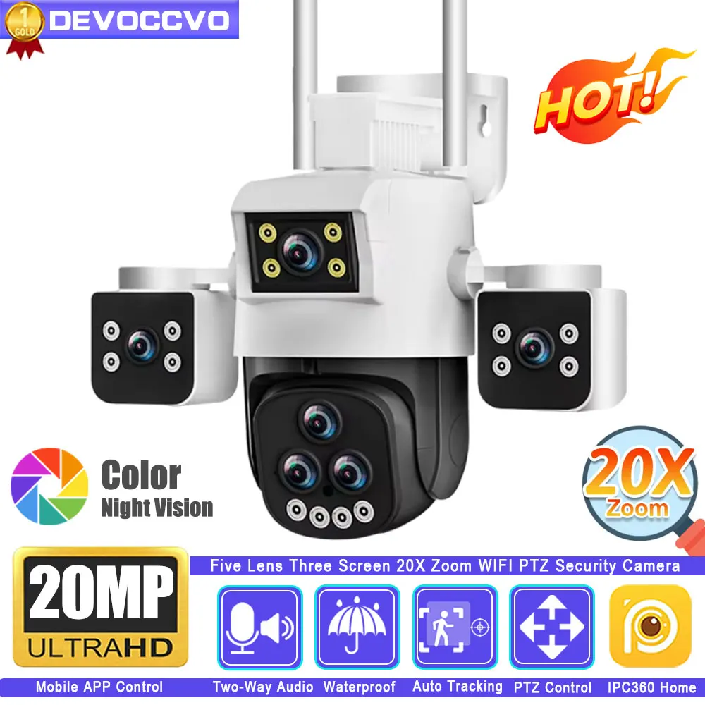 

20MP Five-Lens Outdoor Security Camera with Triple Display, 20x Zoom, Auto Tracking, and IPC360 Home App Support