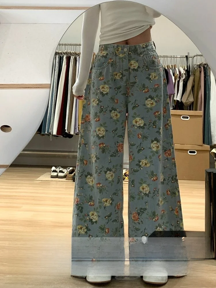 

High Waist Wide Leg Denim Pants Women's Summer New Flower Vintage American Street Style Loose Fit Pure Color Jeans Trousers