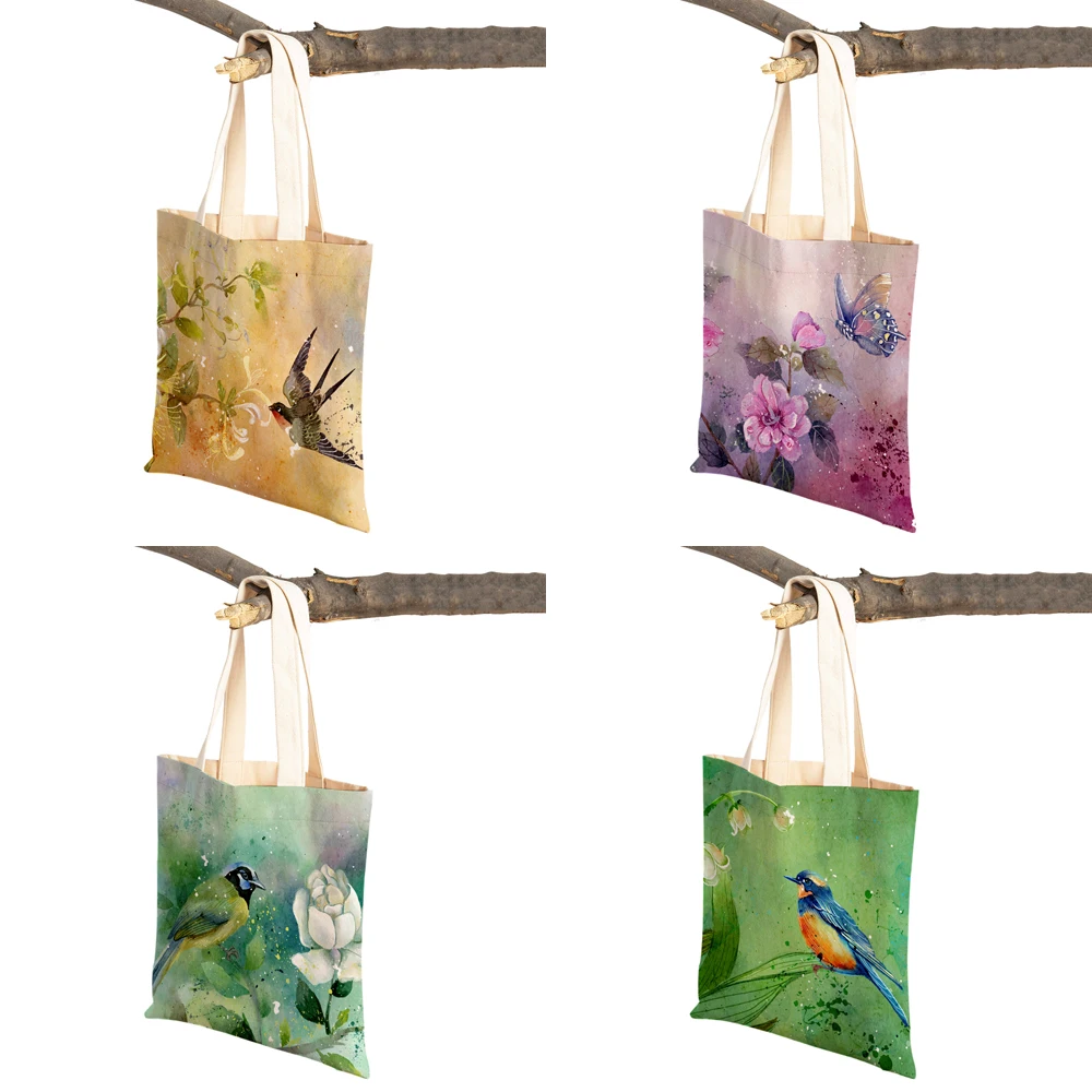 Entrambi i lati acquerello Cartoon Animal Art bambini Tote Handbag per ragazza Casual Canvas Bird Women Shopping borsa a tracolla