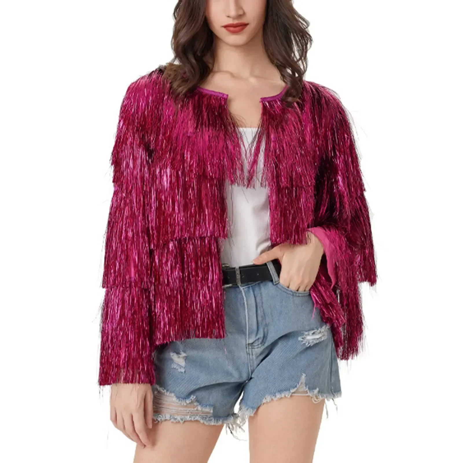 Women's sequin sparkling diamond hip-hop long sleeved tassel zipper jacket for club wear, women's street style outerwear jacket