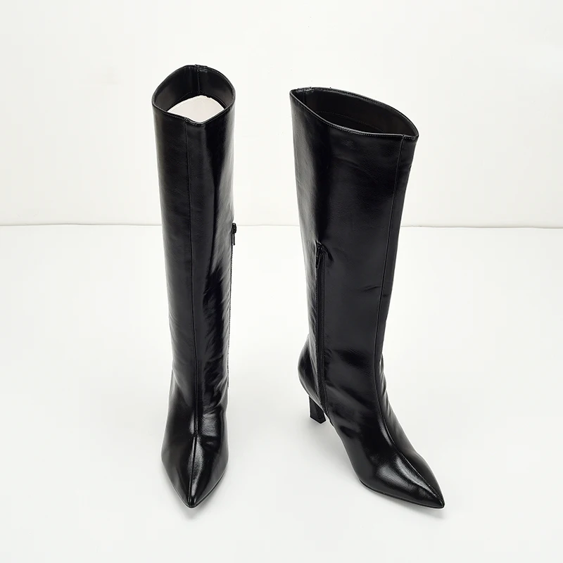 Winter Boots Lady Shoes Boots-Women Zipper Sexy Thigh High Heels High Sexy 2024 Stiletto Black Pointy Autumn Leather Over-the-Kn