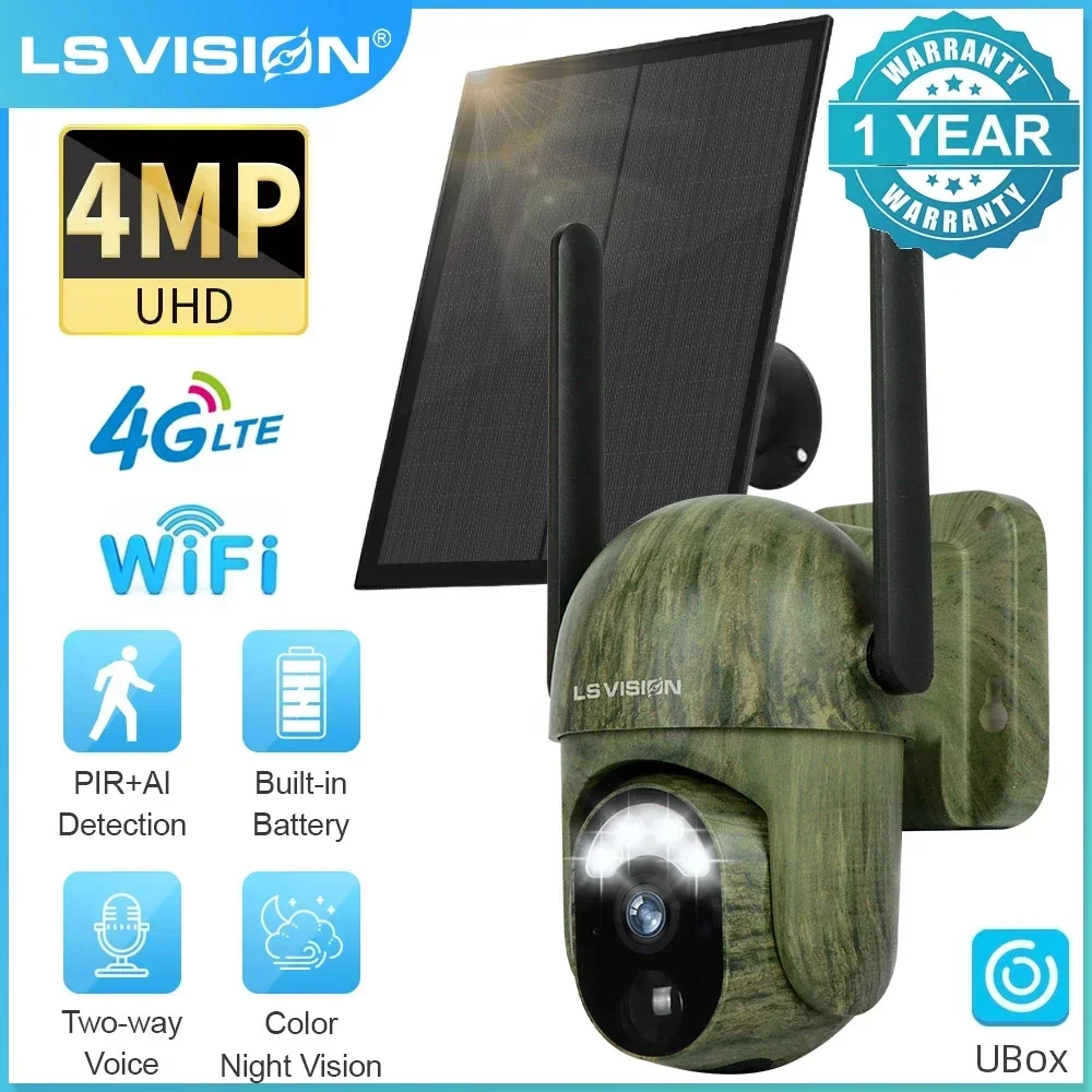 LS VISION 4MP Solar Wireless Security Camera Outdoor Human/Animal Detection 2Way Talk IP66 Waterproof Camouflage Cam For Hunting