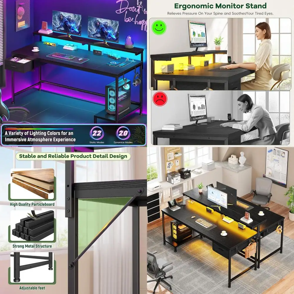 

Compact LED-lit Gaming Desk with Power Outlet and Adjustable Monitor Stand for Home Office and Study in Black