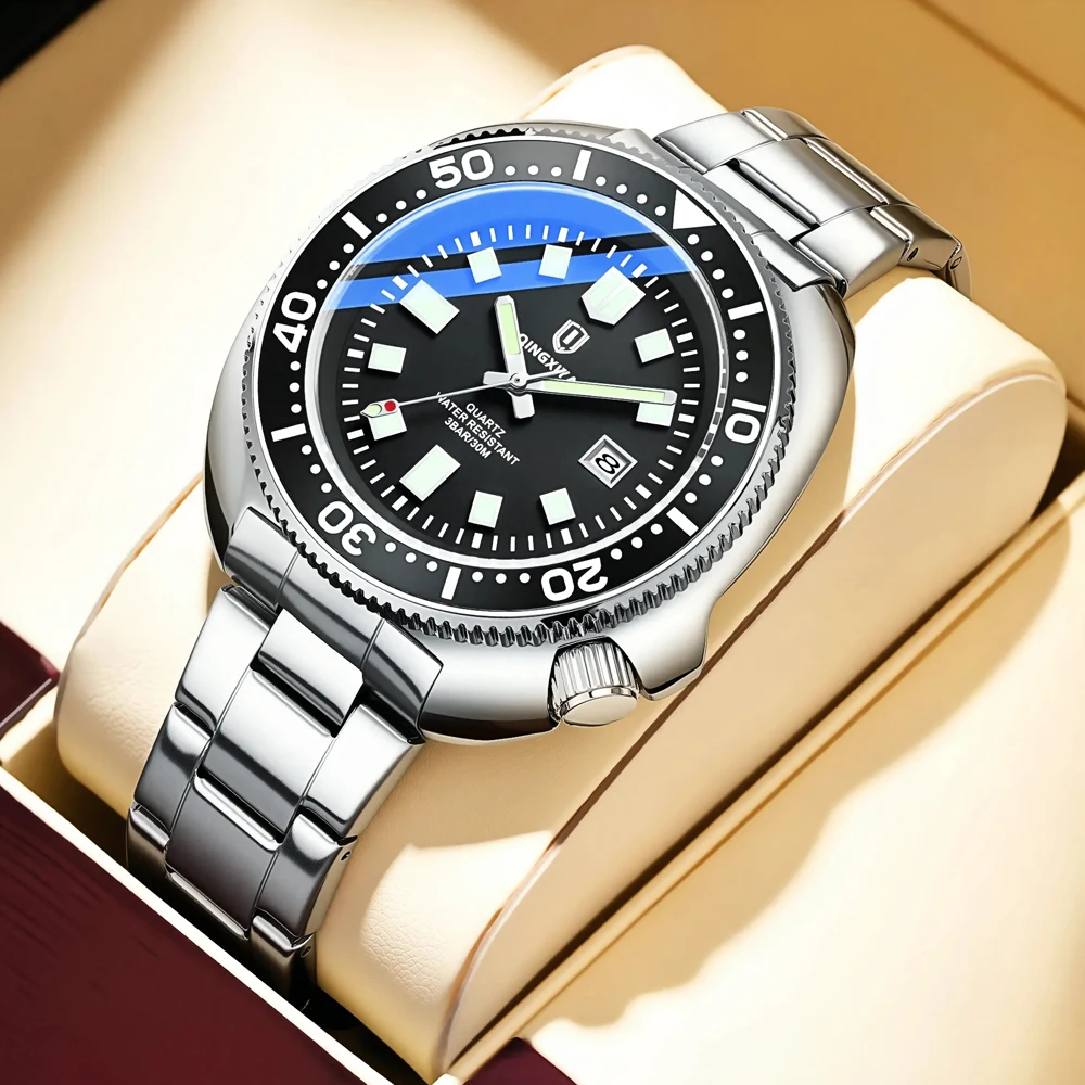QINGXIYA New Business Men Quartz Watch Date Waterproof Luminous Luxury Man Wristwatch Sports Stainless Steel Men's Watches Male