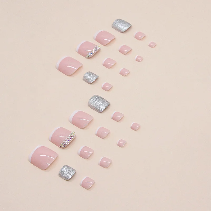 24 Pcs Toenails False Nails with Glue Simple French Toe Nail Press Ons Nails Glitter Rhinestones Cheap Fall Acrylic Nail Tip view 3