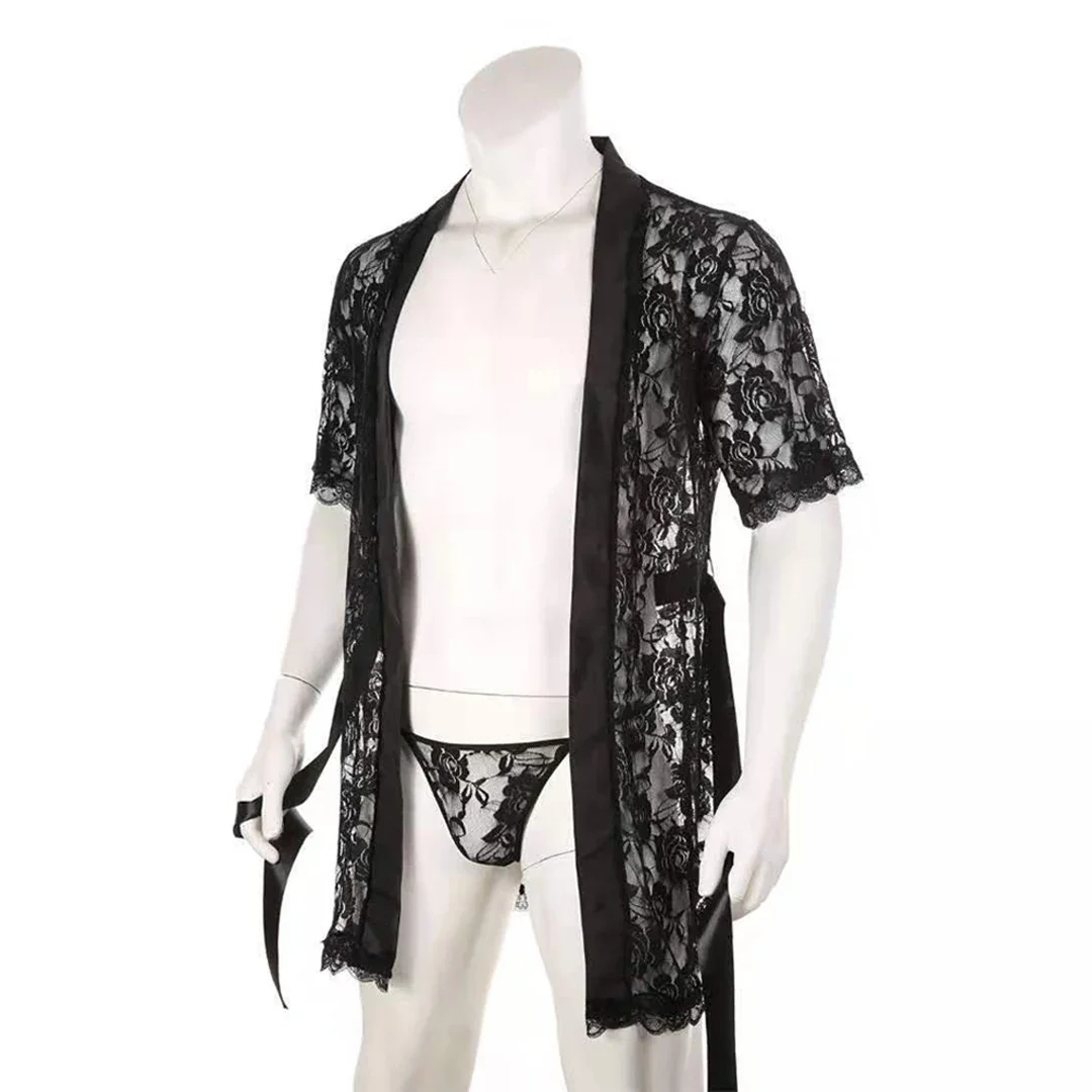 Мужские сексуальные сетчатые халаты, кружевные прозрачные халаты, эротическая ночная рубашка, прозрачные стринги, стринги с Т-образной спинкой, комплект домашней одежды