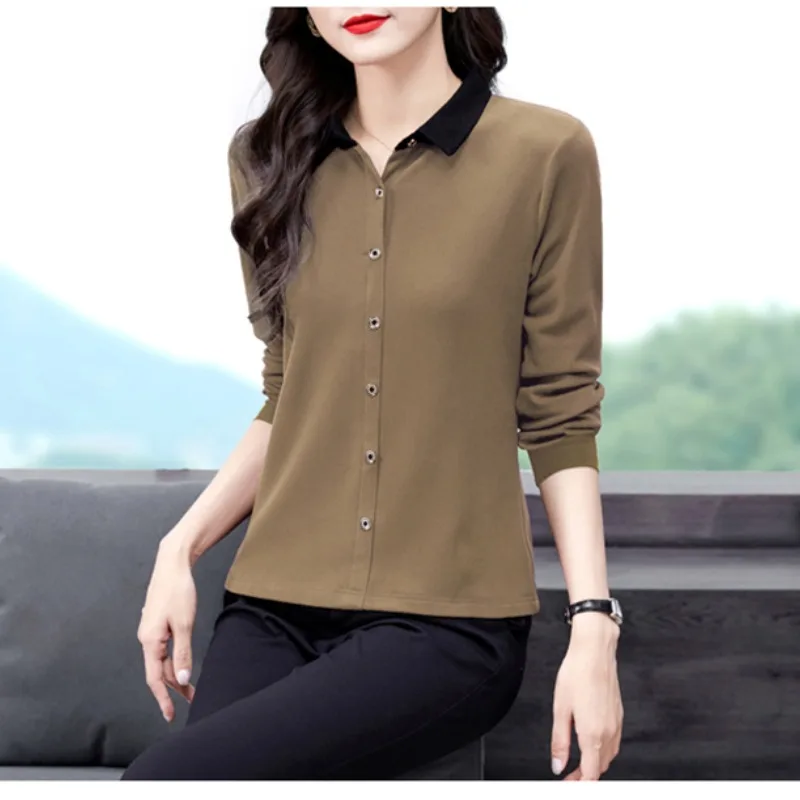 Women\'s 2024 Spring and Autumn Pullover Turndown Collar New Combination Button Solid Color Slim Fit Elegant Long Sleeved Tops