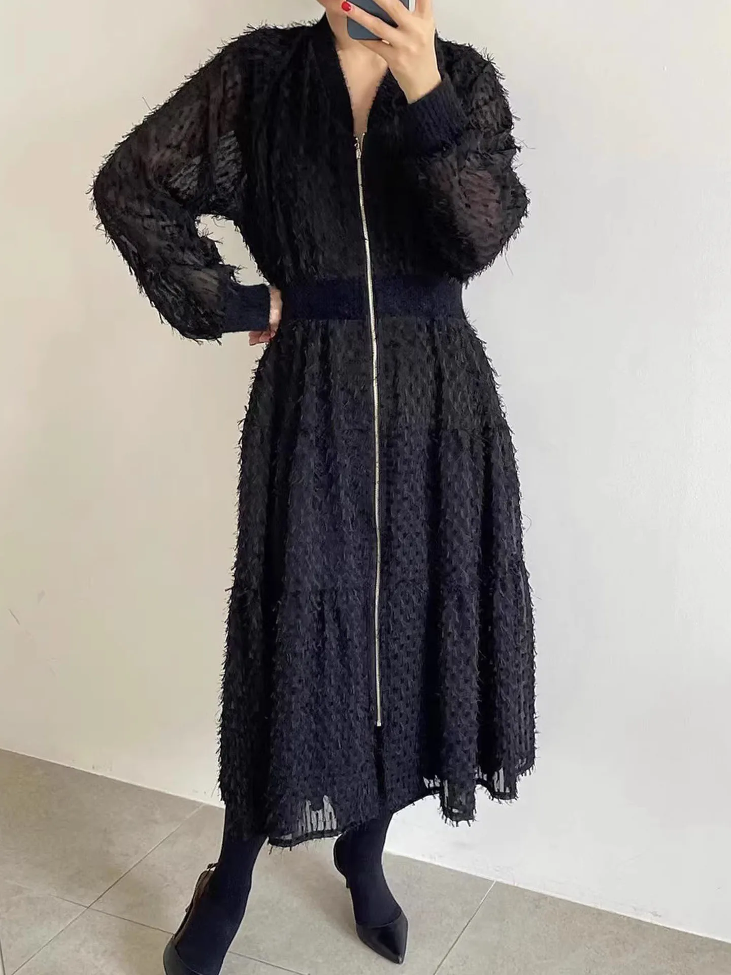 Ele V-Ne Zipper Waist Cinching Long Dr Women's Early Spring New Korean Sle Retro Versatile 3D Fringe Dr