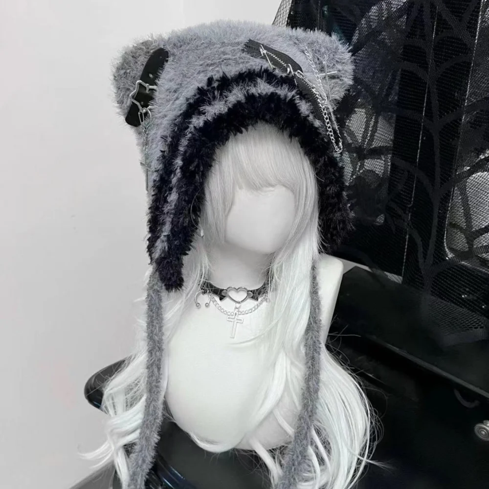 Japanese Knit Hat for Women Chains Belt Design Fur Hats Contrast Color Keep Warm Caps Female Fashion Cute Gorras Invierno Mujer