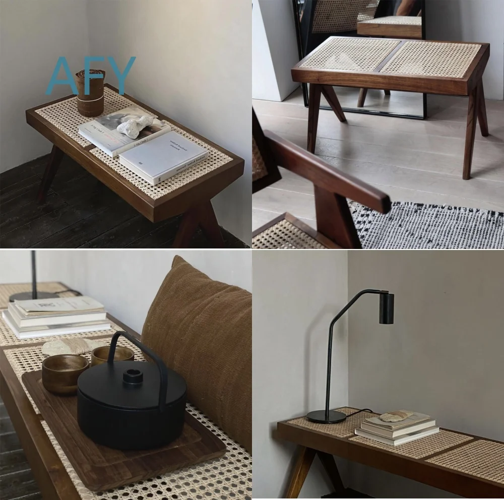 Japanese Vintage Solid Wood Wicker Square Stool Bench for Living Room Dining Room Guest House Shoe Changing Bench Bed End
