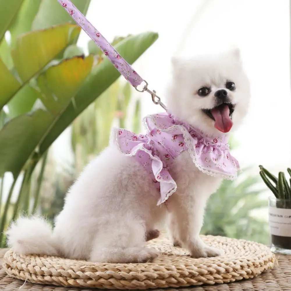 

Kawaii Dog Harness Leash Set Floral Design Lace Dress Pet Vest Style Harness Adjustable With Leash Pet Chest Strap Cat