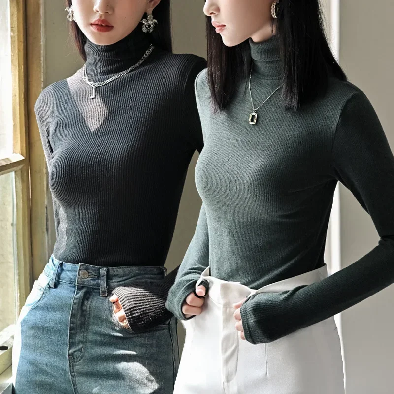 

Women's Spring And Autumn 2024 New Long Sleeve Slim Fit High Collar Knitted Shirt Fashionable Sweater Undershirt For Ladies