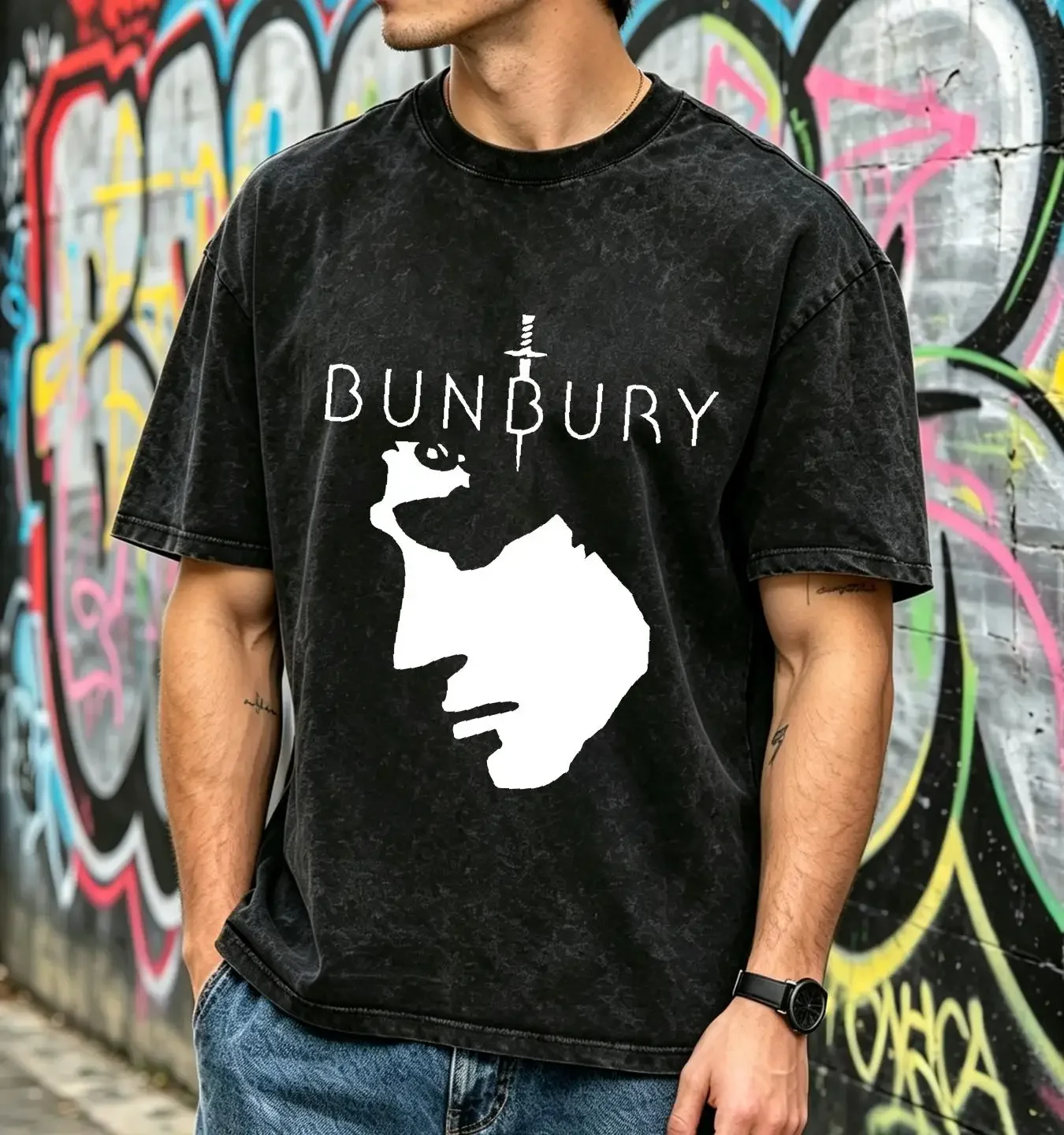 washed T Shirt BUNBURY BLACK 100 COTTON WHITE FRONT DESIGN HT VINYL vintage Washed streetwear Breathable Stylish fashion