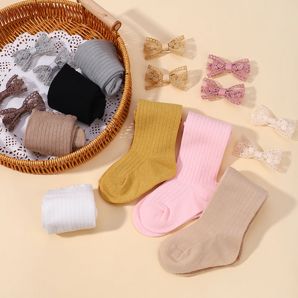 

Solid Color Elastic Knit Warm Socks Kids Lovely Hair Clip Set Toddler Infant Lace Boeknot Hairpins Kids Girls Hair Accessories