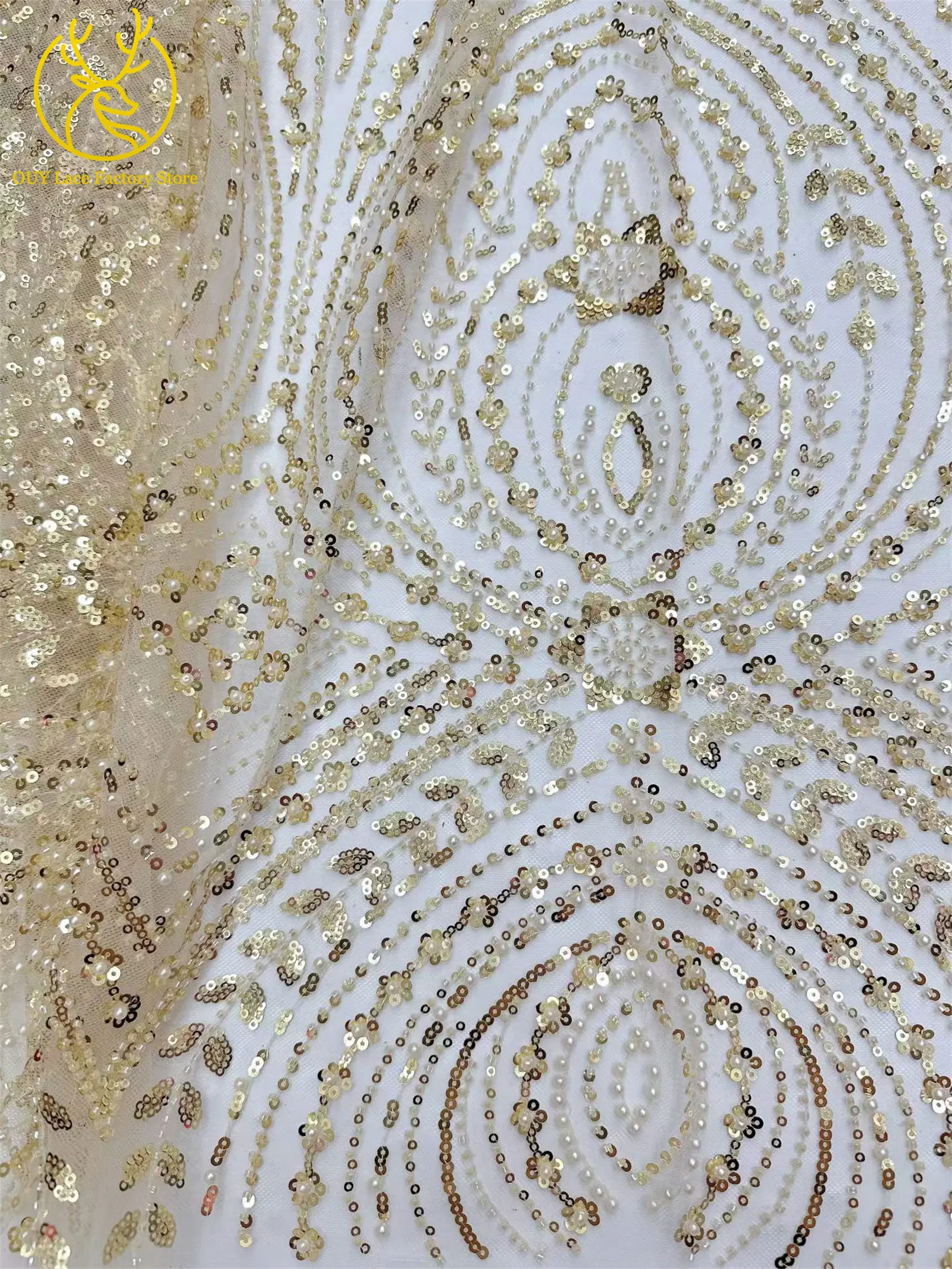 5 Yards afrikanischer Perlen-Pailletten-Spitzenstoff 2026 Hochwertiger nigerianischer französischer Tüll-Mesh-Spitzenstoff für Hochzeitskleider zum Nähen – Detail 13