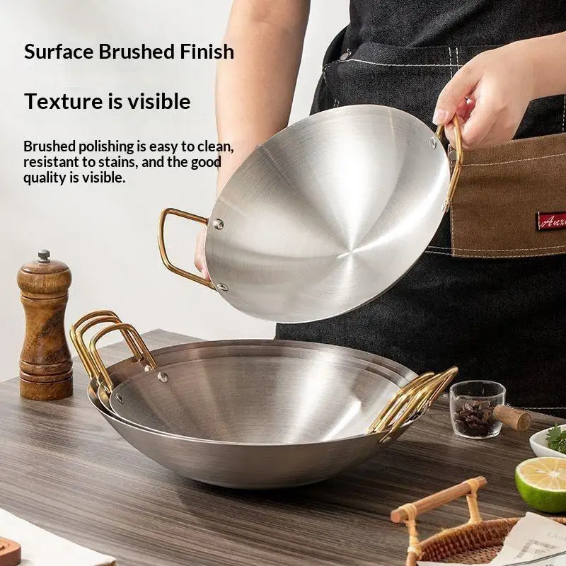 Stainless Steel Dry Nonstick Hot Pot Heavy Duty Round Bottom Double Handle for Picnic Camping Home Hotpot Meals