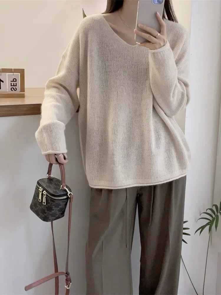 Wool Sweater Women Knitwear V-Neck Loose Casual Pullover Soft Warm Knit Top Pulls Chauds Clothes Autumn Winter Female Clothing