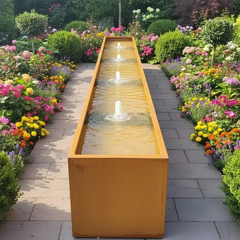 Modern Rectangular Steel Fountain with LED Lights for Outdoor Garden Home Decor Water Features