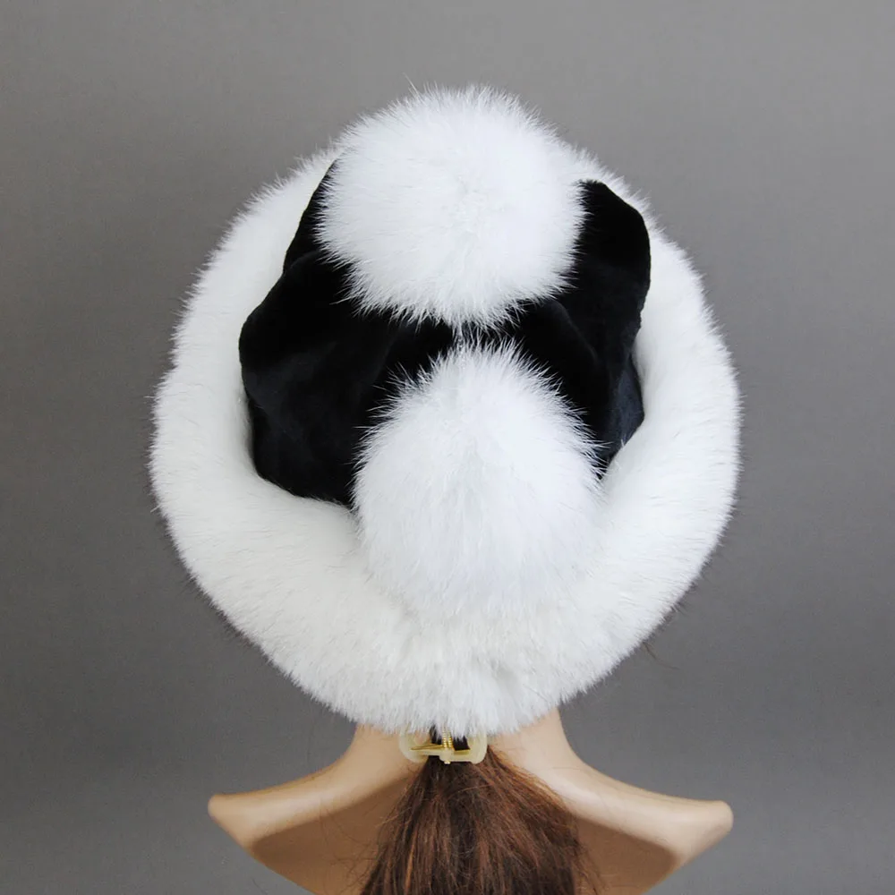 Hot Sale Winter Women's Warm Luxury 100% Natural Fluffy Fox Fur and Rex Rabbit Fur Ear Protection Plush Thick Dome Mongolian Hat