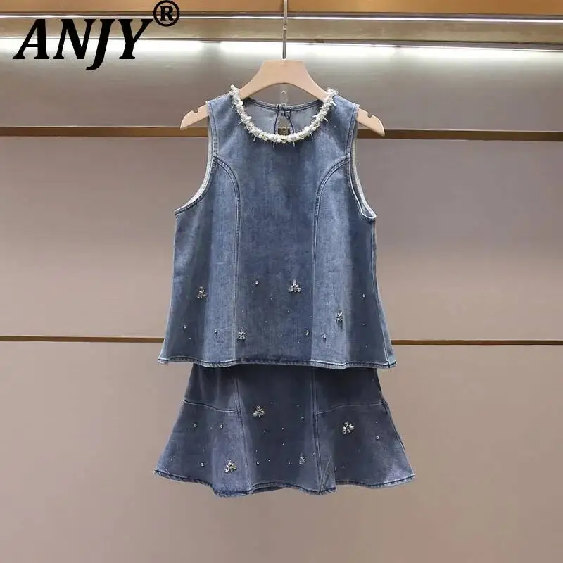 ANJY Summer New Women High-End Fashion Sweet Embroidered Flares Vest Skirt Denim Set Trend Elegant High Street Design Ins A23025