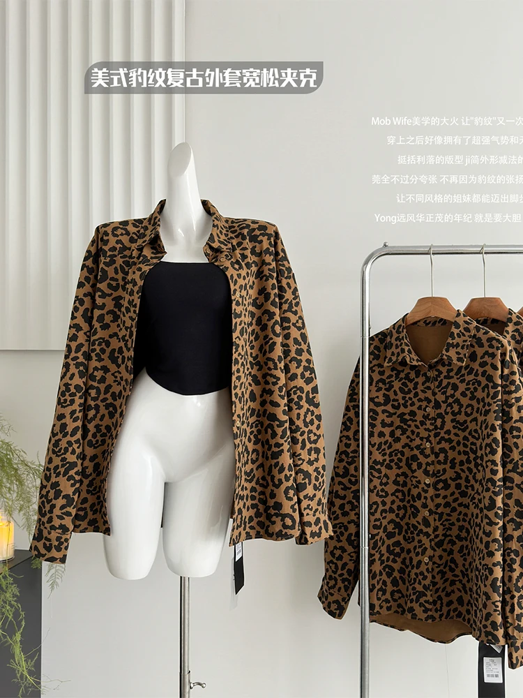 Women's Clothes 2000s Vintage Leopard Jacket Coat Harajuku Korean Style Oversize Long Sleeve New in Coats & Jackets Autumn 2024