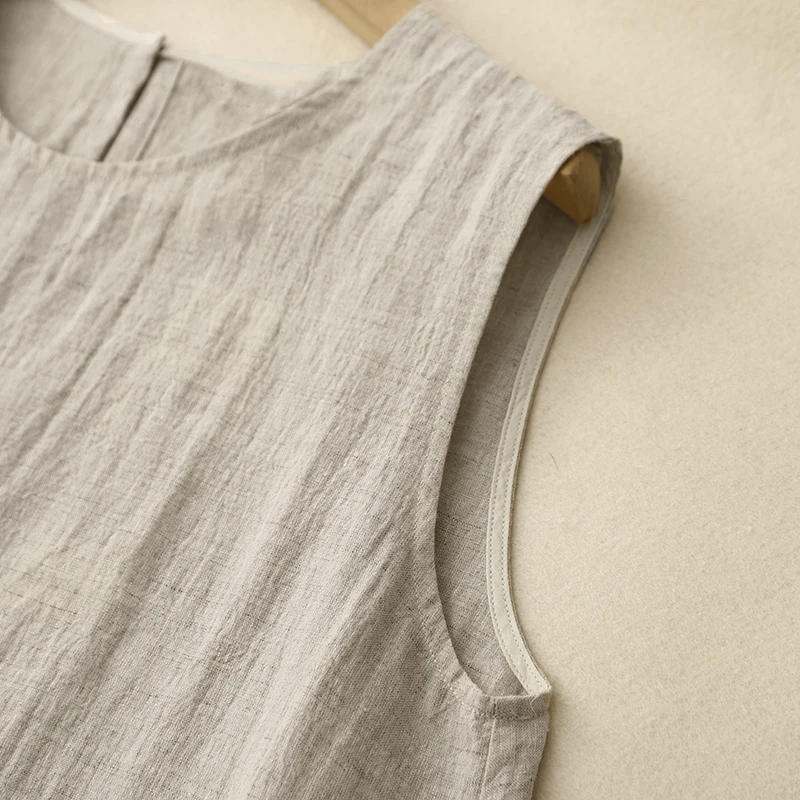 2025 sommer Neue Hochwertige Modische Baumwolle Leinen Weste Kleid frauen Lose-fit Rundhals Einfarbig Grundlegende kleid N848